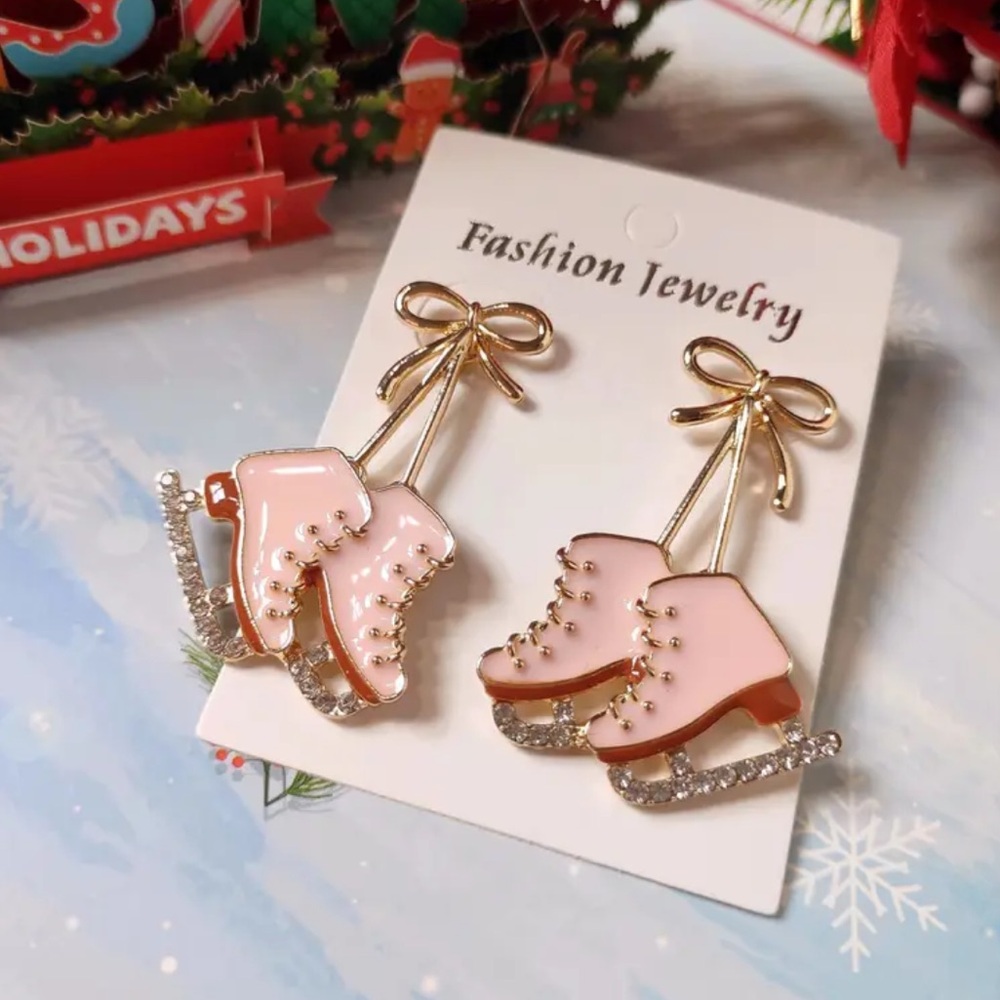 Gold Christmas Ice Skate Earrings, Alloy Dangle Earrings, Stainless Steel, NEW